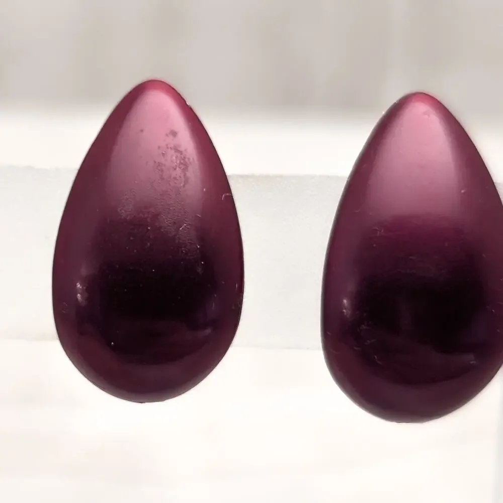 Vintage Screw On Earrings Burgundy Curved Teardrop - Japan - Fair Condition